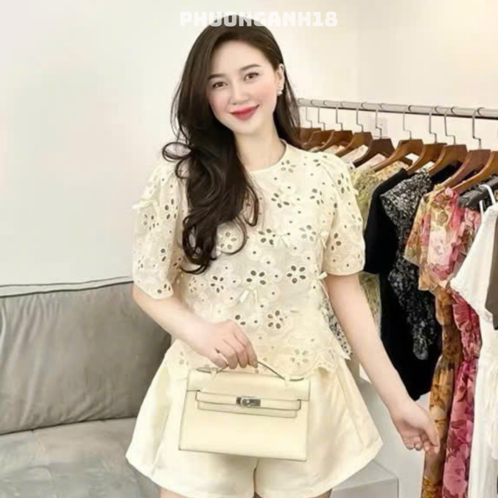 Áo ren hoa chất thô boi cổ tròn đính nơ tay ngắn hàng QC 3396 A114