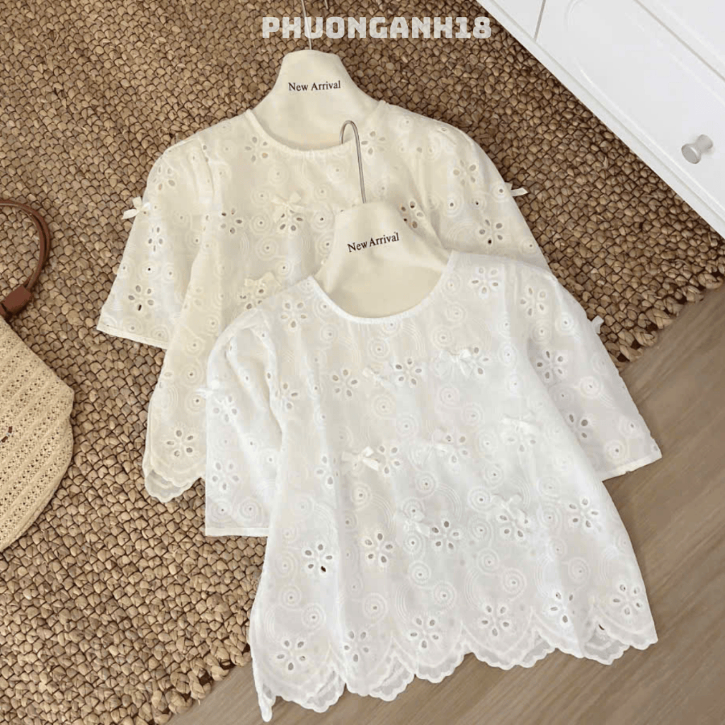 Áo ren hoa chất thô boi cổ tròn đính nơ tay ngắn hàng QC 3396 A114