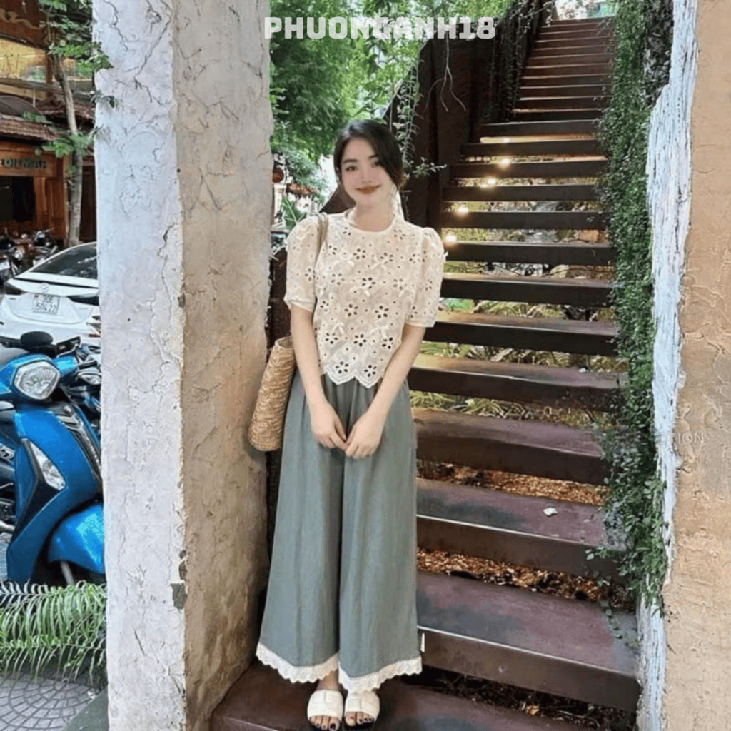Áo ren hoa chất thô boi cổ tròn đính nơ tay ngắn hàng QC 3396 A114