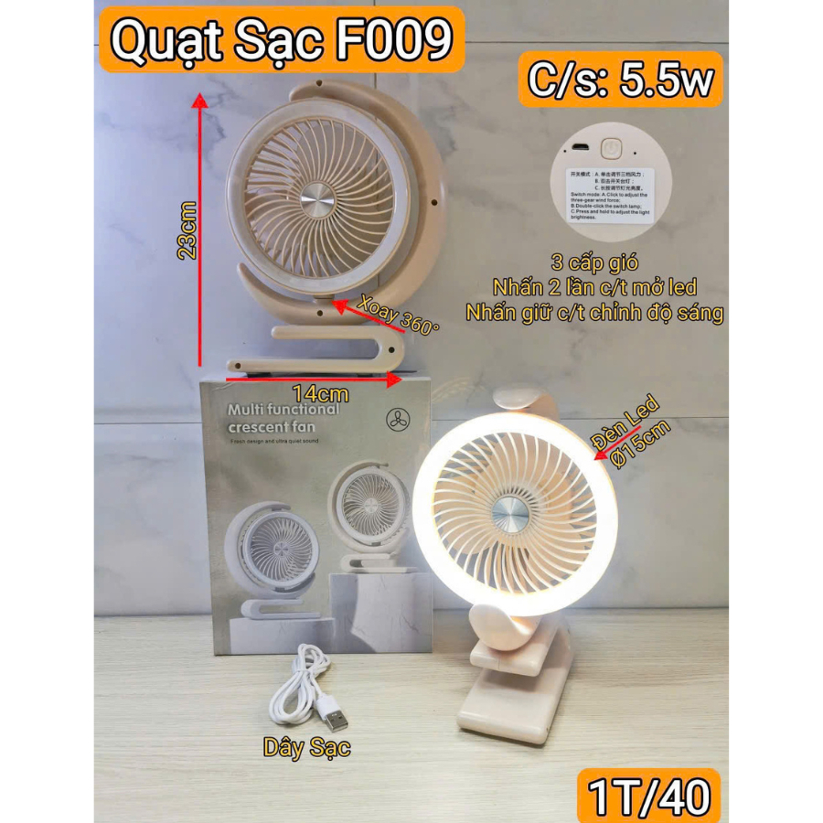 Quạt sạc USB cao cấp F009 Xoay 360 độ Có đèn LED Công suất 5,5W