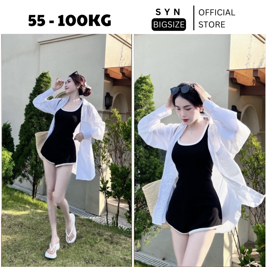 Jumsuit nữ bigsize đi biển màu đen phối viền cổ vuông hot trend có size ...