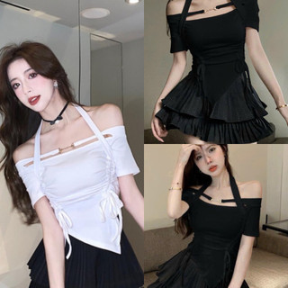 Áo croptop kiểu trễ vai tròng cổ kiểu mới thun gân chocker rút dây VANISA CT005