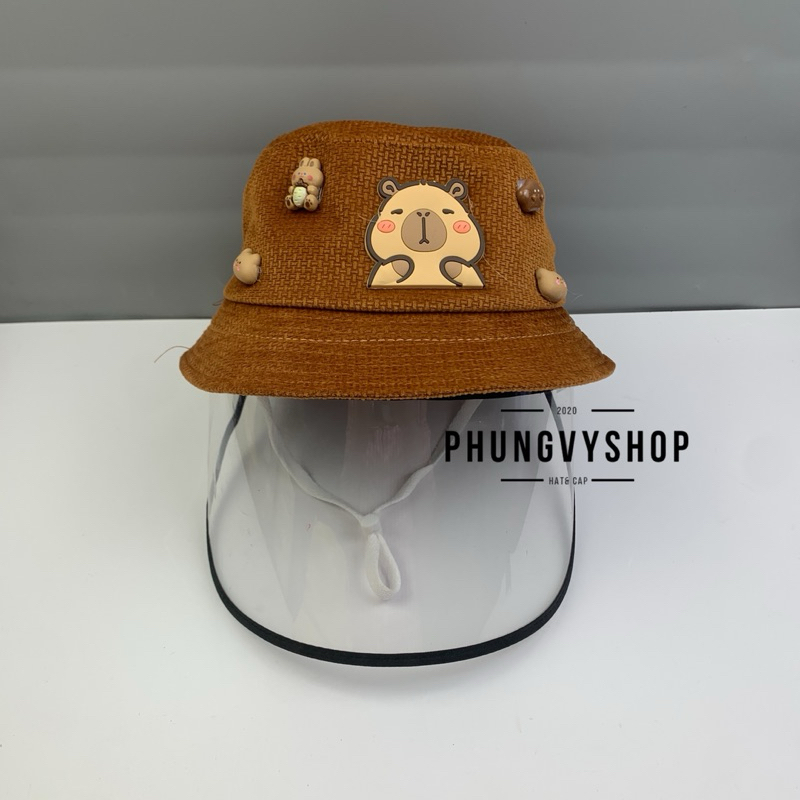 BÉ 1-2 Tuổi_Mũ chống giọt bắn chắn gió bụi mưa bucket tai bèo vành phungvyshop-nón / Bo "KIẾNG" CAPYBARA loại CHARM/