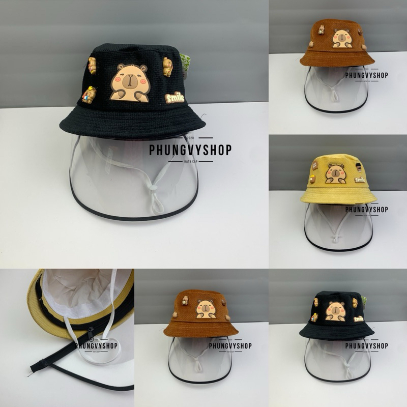 BÉ 1-2 Tuổi_Mũ chống giọt bắn chắn gió bụi mưa bucket tai bèo vành phungvyshop-nón / Bo "KIẾNG" CAPYBARA loại CHARM/
