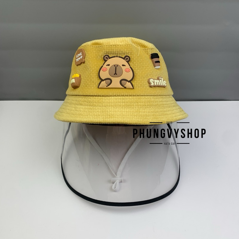 BÉ 1-2 Tuổi_Mũ chống giọt bắn chắn gió bụi mưa bucket tai bèo vành phungvyshop-nón / Bo "KIẾNG" CAPYBARA loại CHARM/