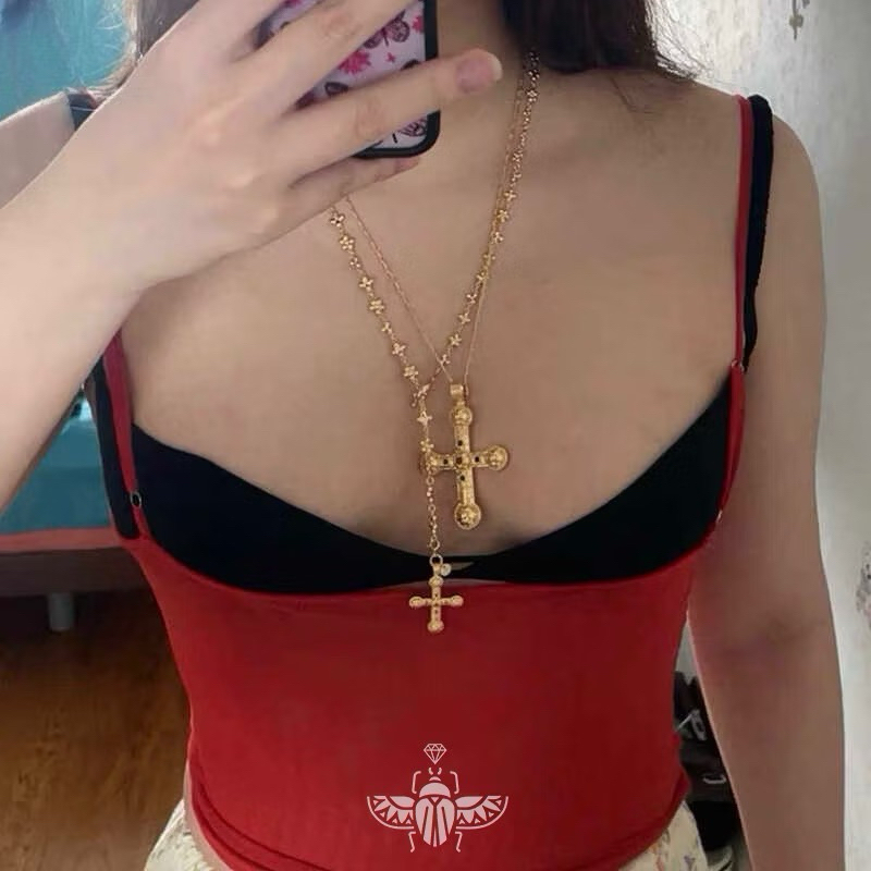 [SỈ]Phong cách Mỹ Hiphop Golden Cross Vòng cổ Chữ Thập xếp chồng lên nhau QUEMEO mạ vàng 18k không gỉ Vòng cổ dài