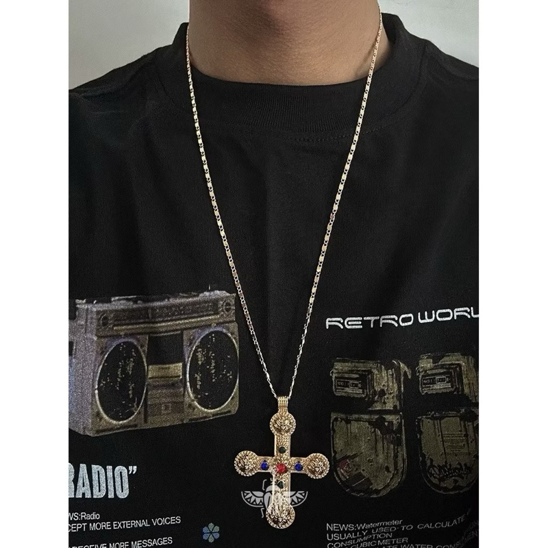 [SỈ]Phong cách Mỹ Hiphop Golden Cross Vòng cổ Chữ Thập xếp chồng lên nhau QUEMEO mạ vàng 18k không gỉ Vòng cổ dài