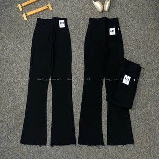 Quần Dài Jeans Nữ Rách Gấu Bass Ống Loe Lưng Cao Trơn Basic Co Giãn 4 Chiều Denim Bò Jean WQJ043