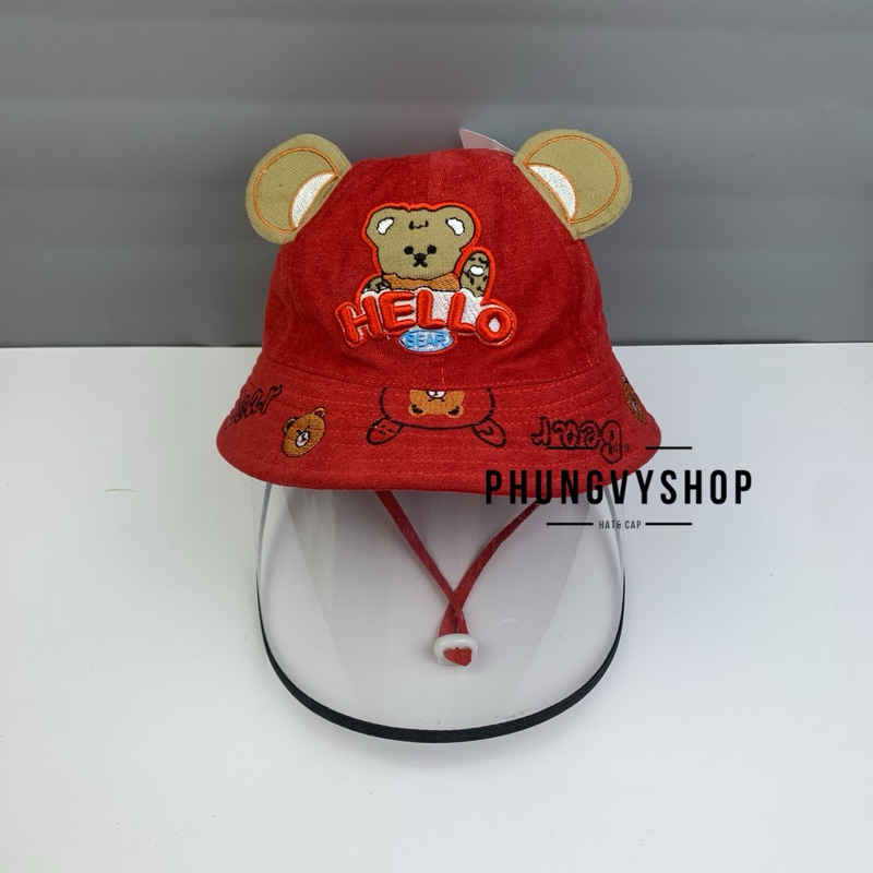 (SALE) Bé <12 tháng-Mũ  chắn bụi bucket tai bèo vành trẻ em phungvyshop- nón / Bo "KIẾNG" GẤU HELLO BEAR TRÒN ĐỎ/