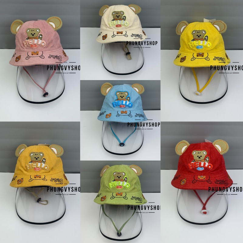 (SALE) Bé <12 tháng-Mũ  chắn bụi bucket tai bèo vành trẻ em phungvyshop- nón / Bo "KIẾNG" GẤU HELLO BEAR TRÒN ĐỎ/