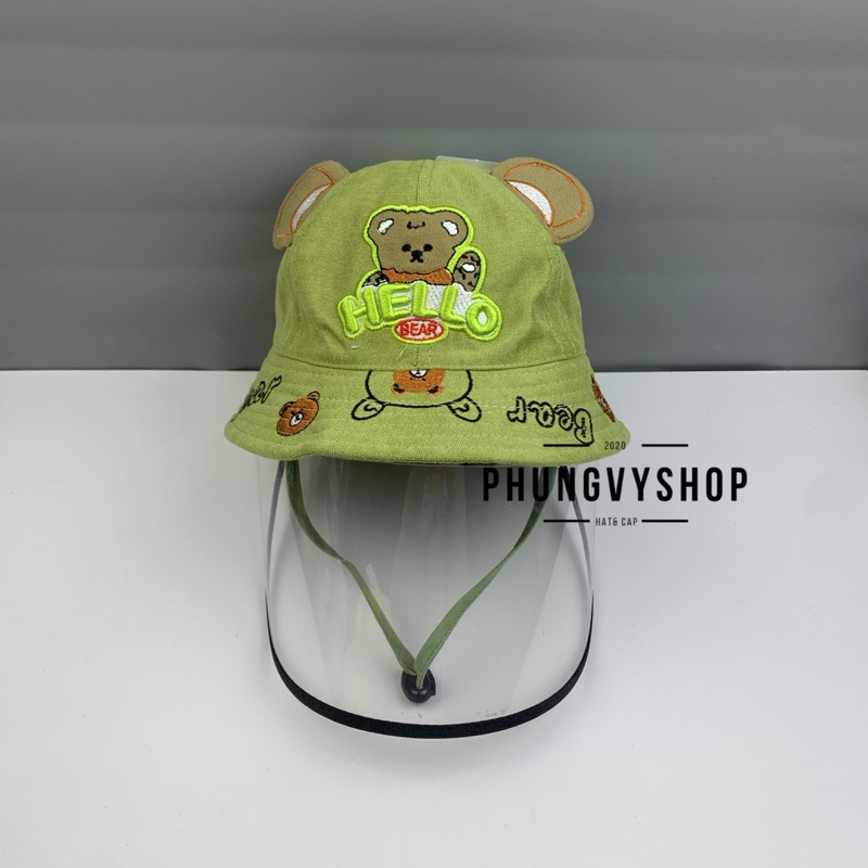 (SALE) Bé <12 tháng-Mũ  chắn bụi bucket tai bèo vành trẻ em phungvyshop- nón / Bo "KIẾNG" GẤU HELLO BEAR TRÒN ĐỎ/