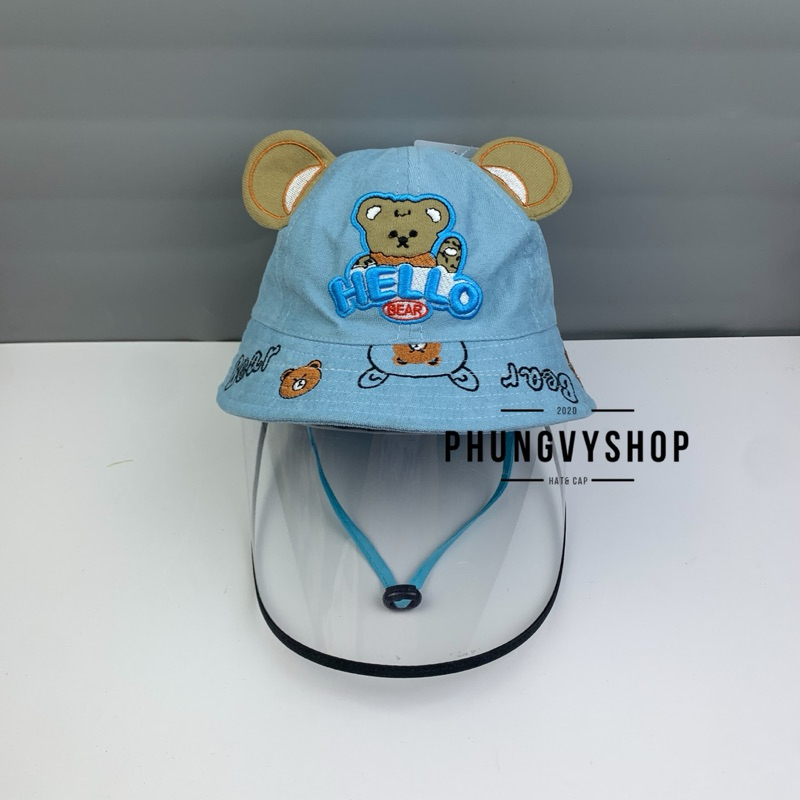 (SALE) Bé <12 tháng-Mũ  chắn bụi bucket tai bèo vành trẻ em phungvyshop- nón / Bo "KIẾNG" GẤU HELLO BEAR TRÒN ĐỎ/