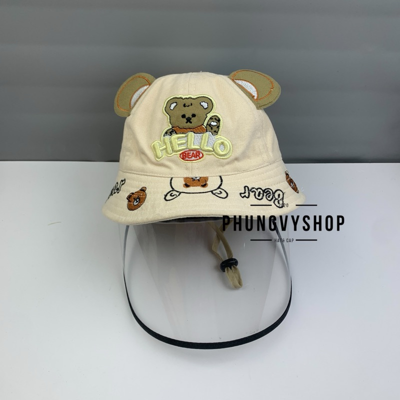 (SALE) Bé <12 tháng-Mũ  chắn bụi bucket tai bèo vành trẻ em phungvyshop- nón / Bo "KIẾNG" GẤU HELLO BEAR TRÒN ĐỎ/