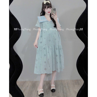 Váy bầu - CỘC TAY THÔ THÊU HOA LỖ MỀM CỔ VUÔNG - 2 Màu