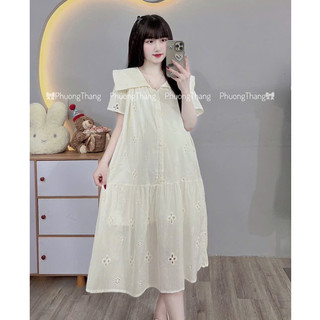 Váy bầu - CỘC TAY THÔ THÊU HOA LỖ MỀM CỔ VUÔNG - 2 Màu