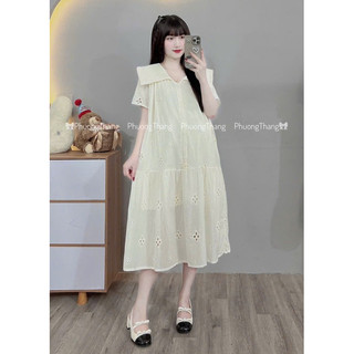 Váy bầu - CỘC TAY THÔ THÊU HOA LỖ MỀM CỔ VUÔNG - 2 Màu