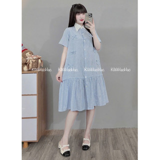 Váy bầu - CỘC TAY ĐŨI THÁI KẺ XANH CỔ SƠ MI ĐÍNH NHIỀU NƠ XINH