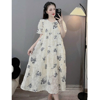 Váy bầu - CỘC TAY  HOA XÁM XÙ - 2 lớp MẶC XINH SANG
