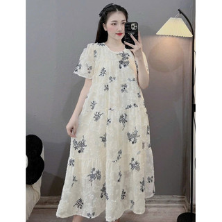 Váy bầu - CỘC TAY  HOA XÁM XÙ - 2 lớp MẶC XINH SANG