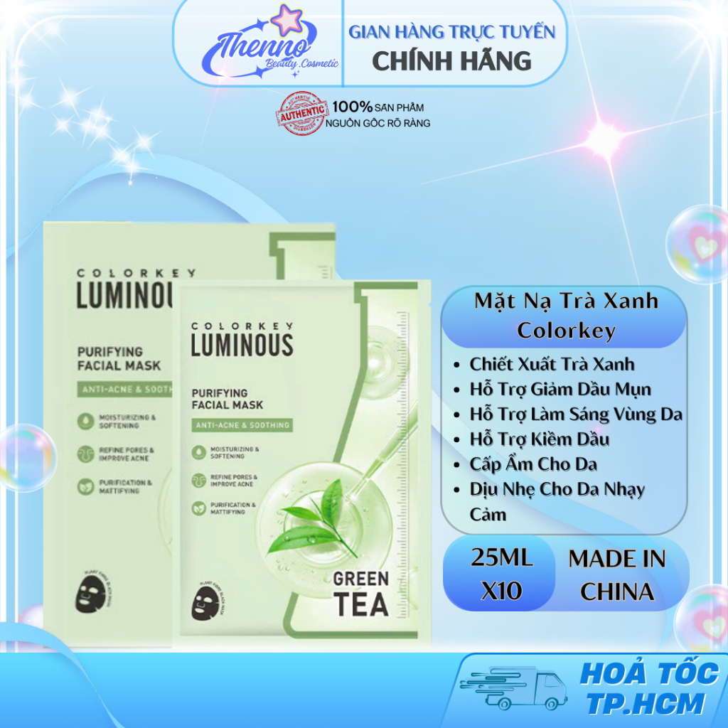 Hộp 10 Miếng Mặt Nạ Giấy Trà Xanh Colorkey Luminous Green Tea BHA ...
