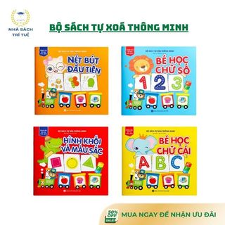 [Chuẩn NXB] Sách - Tự xóa thông minh - Bộ 4 cuốn - Bé học chữ số, chữ cái, nét bút,, hình khối và màu sắc (tặng kèm bút)