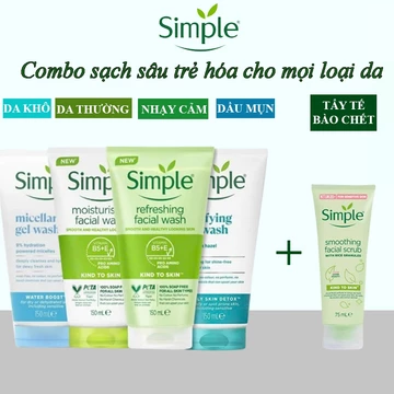 Combo sữa rửa mặt Simple + tẩy tế bào chết Simple cho mọi loại da 75ml