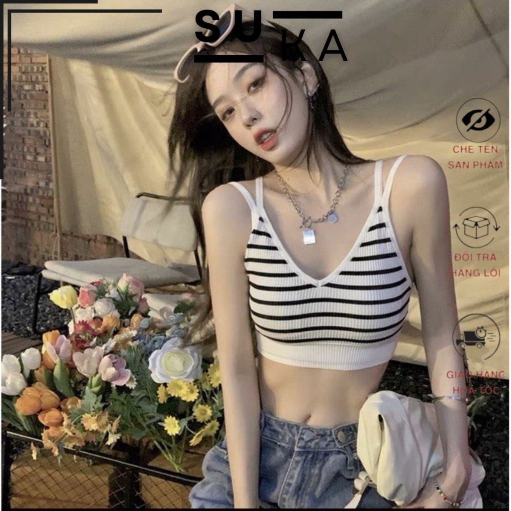 Áo Ngực Dạng Bra Hai Dây Cotton Gân Sọc Co Dãn Thoáng Mát Cổ V Sexy 831