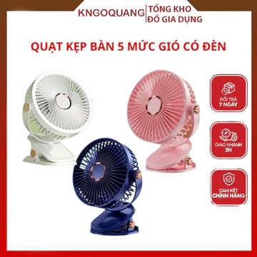 Quạt Kẹp Bàn 5 Mức Gió Có Đèn, Quạt tích điện mini để bàn, Kẹp Xe Đẩy xoay 360 độ pin sạc