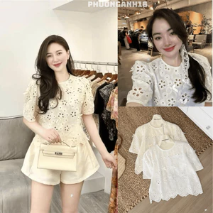 Áo ren hoa chất thô boi cổ tròn đính nơ tay ngắn hàng QC 3396 A114