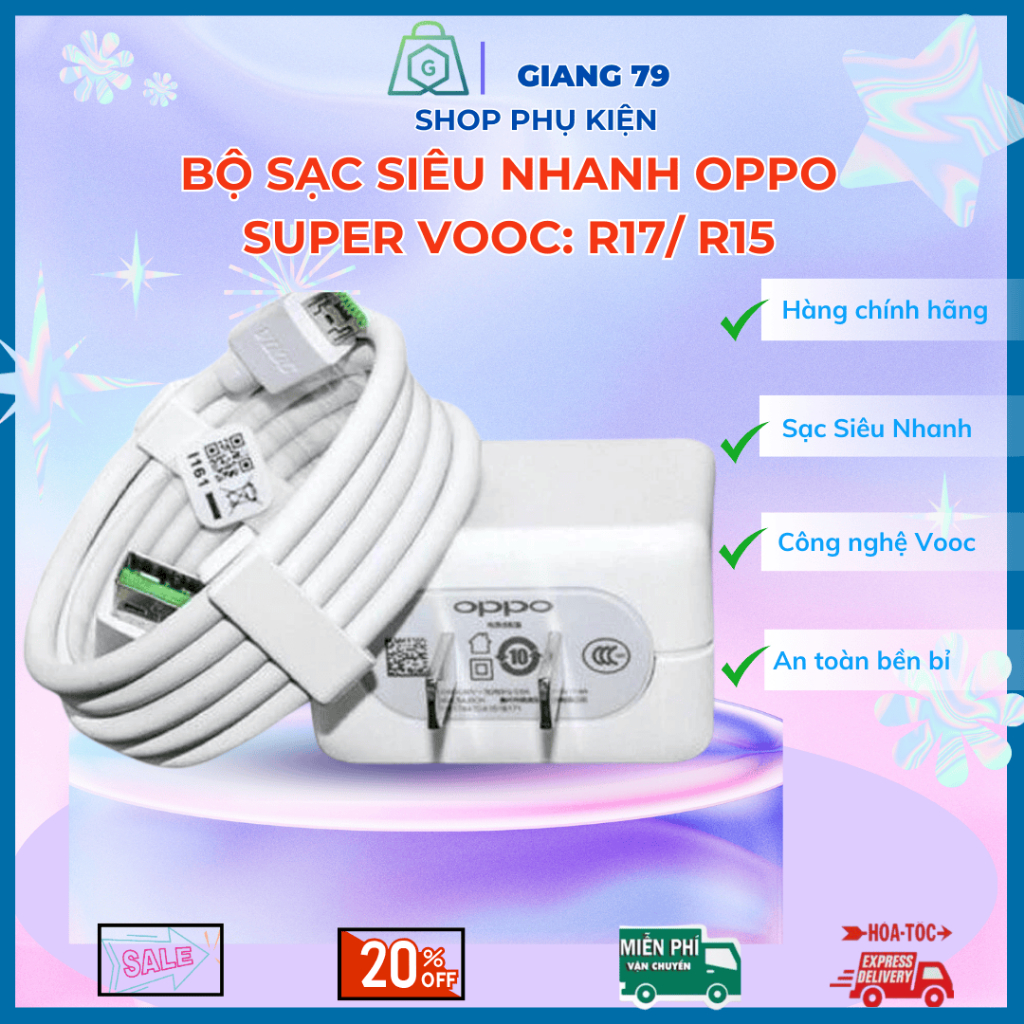 Sạc nhanh Oppo Vooc 3.0 R17 , R15 Công suất 20W/ dây sạc Oppo Type C và Micro bảo hành lỗi 1 đổi 1