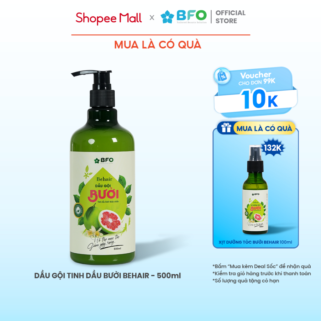 Ảnh (TẶNG XỊT DƯỠNG TÓC) Dầu Gội Bưởi Dưỡng Tóc Tinh Dầu Bưởi Mọc Tóc Phục Hồi Tóc BFO Behair 500ml 1