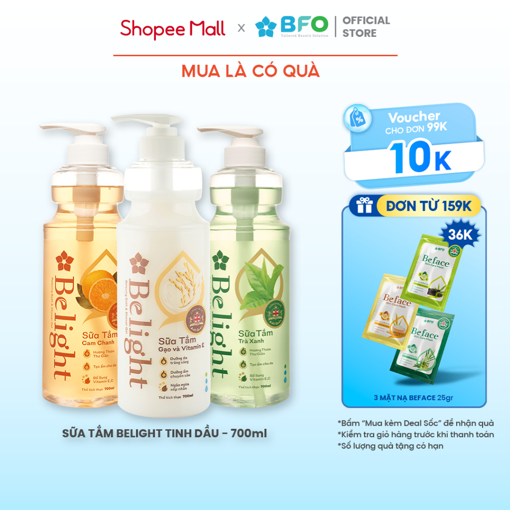Ảnh Sữa Tắm Dưỡng Ẩm Tinh Dầu Thiên Nhiên Mịn Da BFO Belight Chai 700ml 1