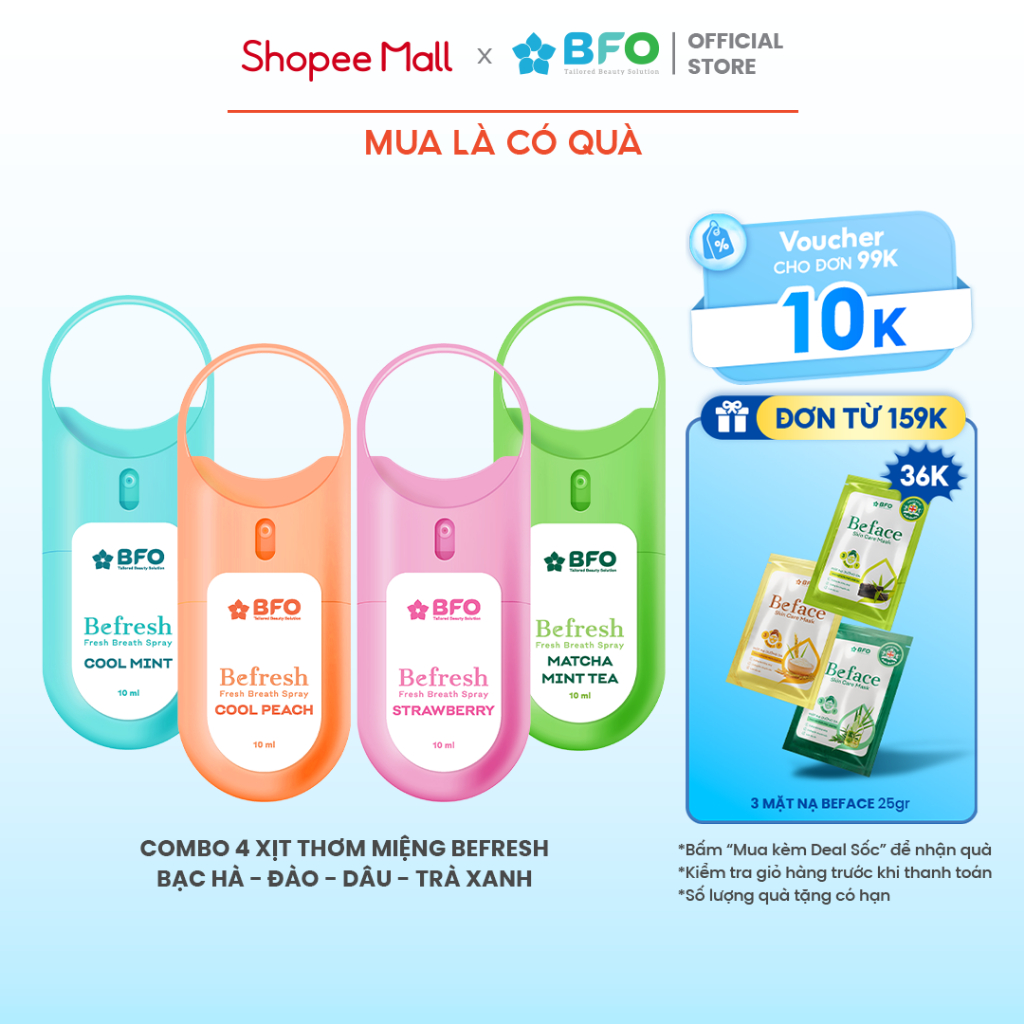 Ảnh Combo 4 Xịt Thơm Miệng Khử Mùi Hôi Miệng Hương Trái Cây Tự Nhiên BFO Befresh 10ml 1