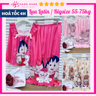 Đồ ngủ nữ bigsize 55-75kg, pijama dài tay cổ vuông bèo lụa latin mịn mát 75DD21, đồ bộ nữ đồ mặc nhà tiểu thư dễ thương