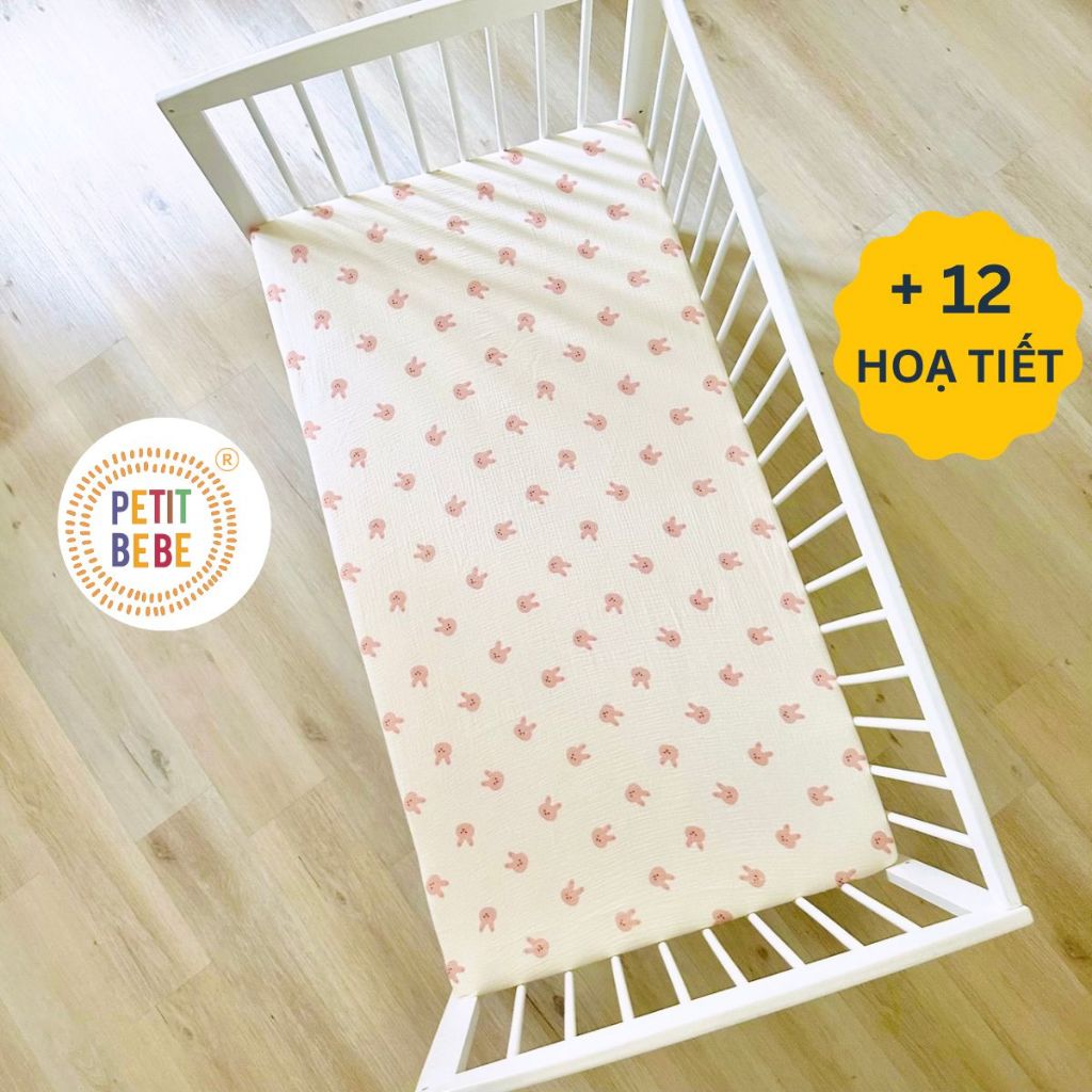 Ảnh Ga bọc nệm cũi nhiều kích thước muslin cho bé PETIT BEBE bo chun thấm hút thoáng khí giường ghép 1
