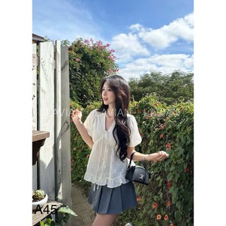 Áo babydoll tay phồng cổ V buộc nơ bánh bèo LAVIAN A45