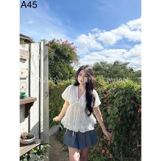 Áo babydoll tay phồng cổ V buộc nơ bánh bèo LAVIAN A45