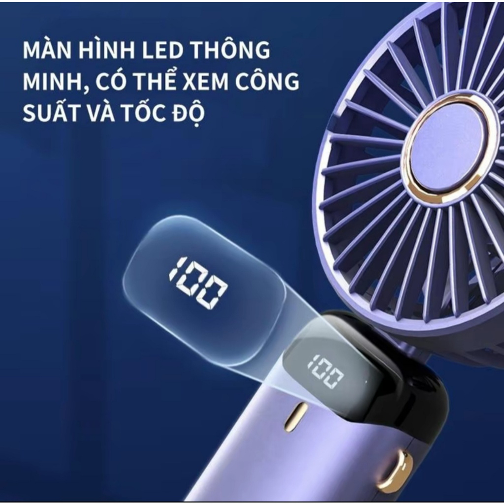 Quạt Cầm Tay Tích Điện Dung Lượng Pin Khủng, 5 cấp độ gió, màn hình Led Thông Minh Thiết Kế Đơn Giản Tiện Dụng