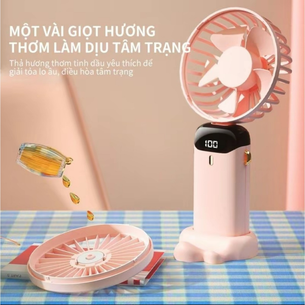 Quạt Cầm Tay Tích Điện Dung Lượng Pin Khủng, 5 cấp độ gió, màn hình Led Thông Minh Thiết Kế Đơn Giản Tiện Dụng