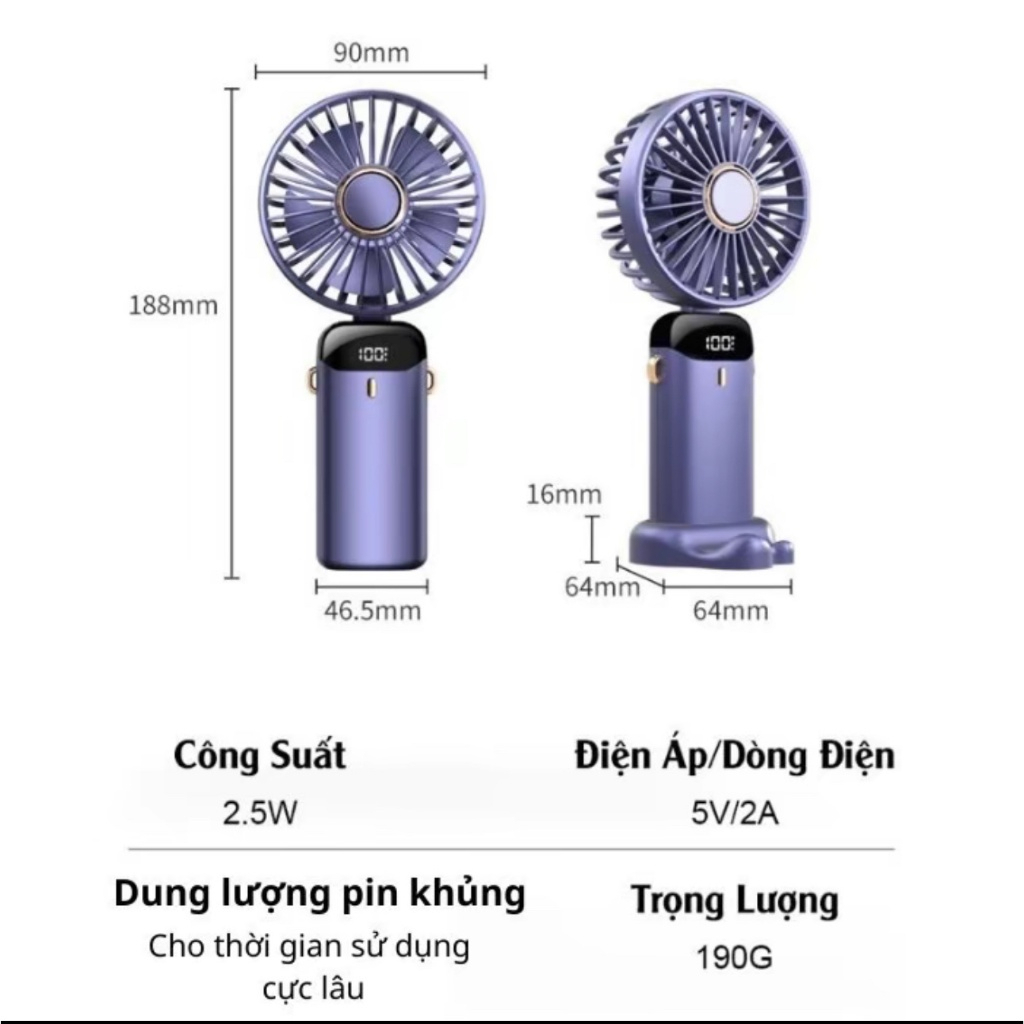 Quạt Cầm Tay Tích Điện Dung Lượng Pin Khủng, 5 cấp độ gió, màn hình Led Thông Minh Thiết Kế Đơn Giản Tiện Dụng