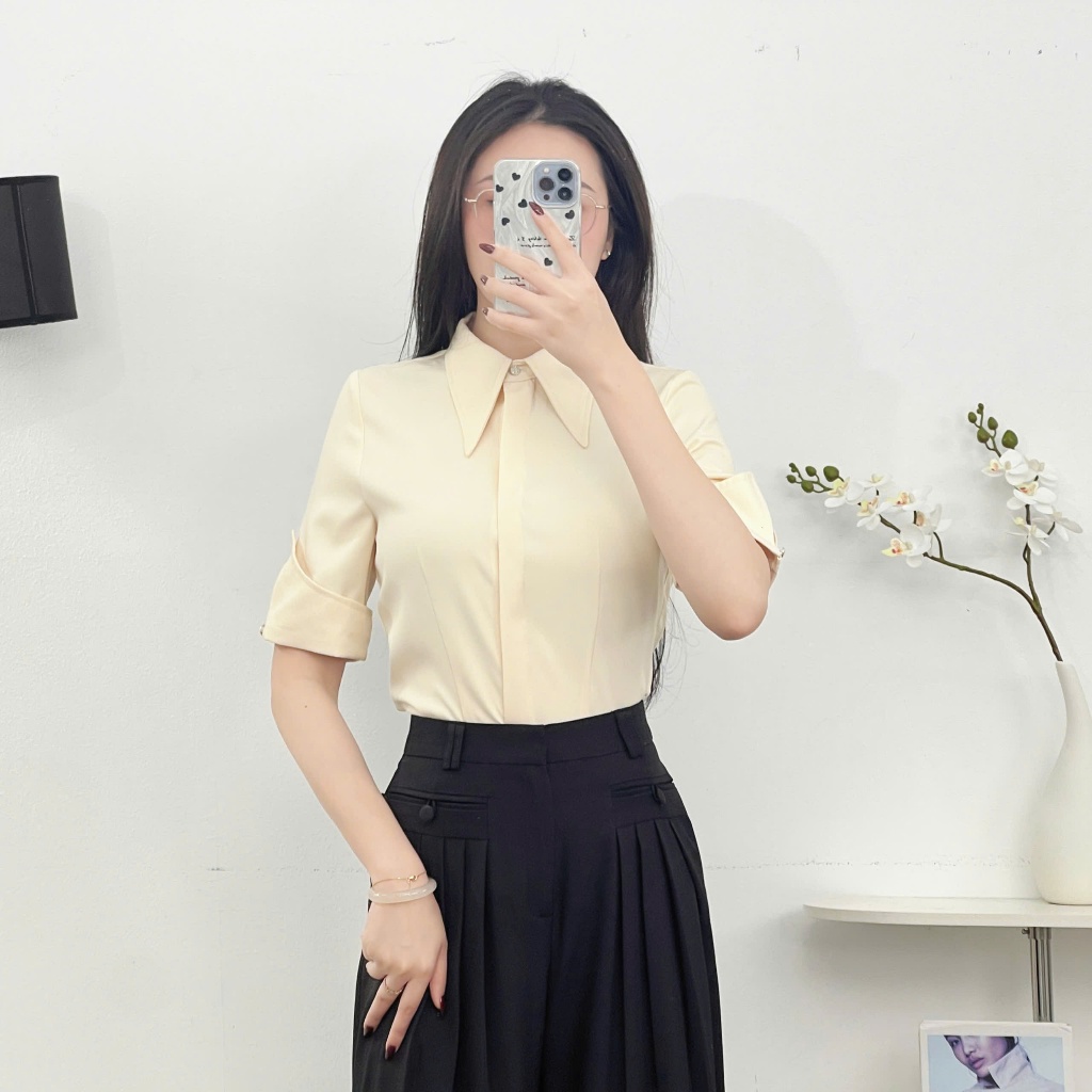 Ảnh Áo Sơ Mi Nữ 𝐂𝐂𝐇𝐀𝐓 Dáng Ôm Elie Trang Trí Nơ Tay Chất Liệu Mango Mềm Mịn 94SNE2001ST 1