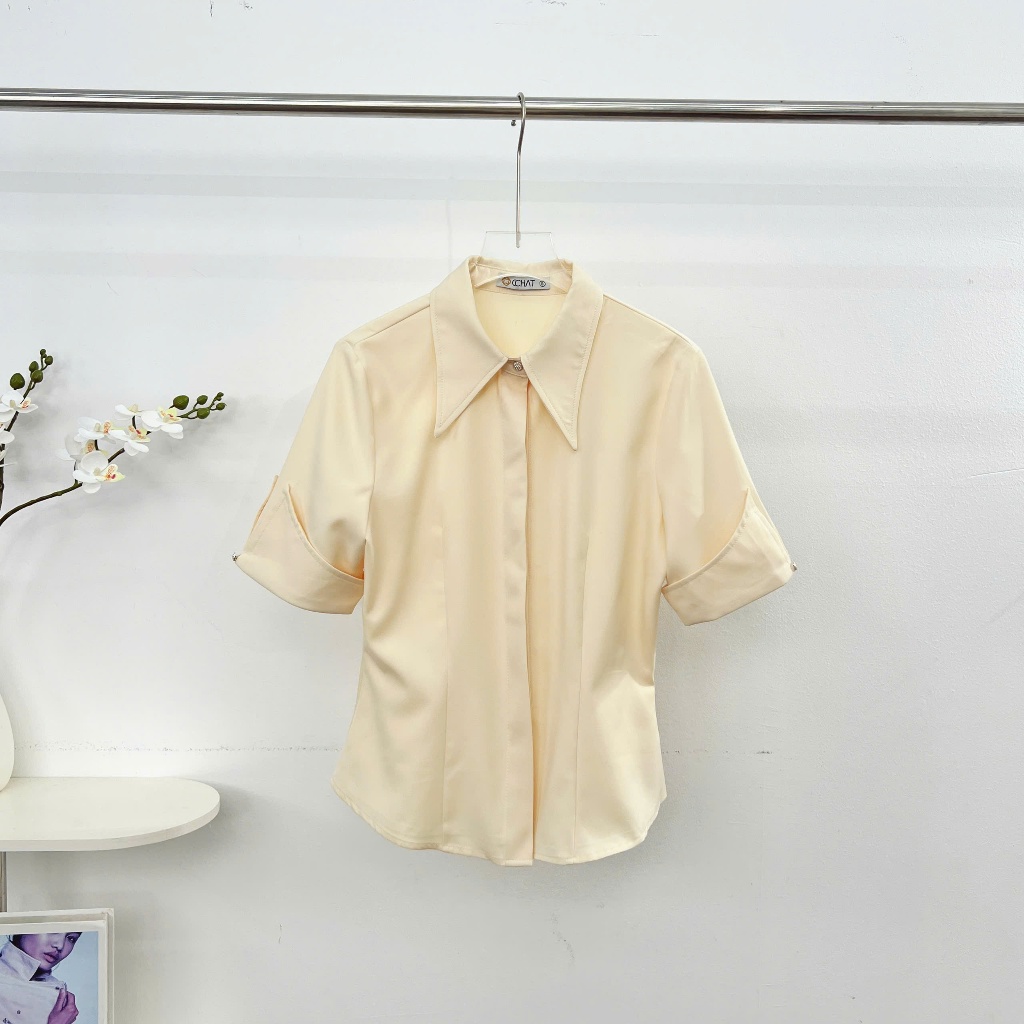 Ảnh Áo Sơ Mi Nữ 𝐂𝐂𝐇𝐀𝐓 Dáng Ôm Elie Trang Trí Nơ Tay Chất Liệu Mango Mềm Mịn 94SNE2001ST 4