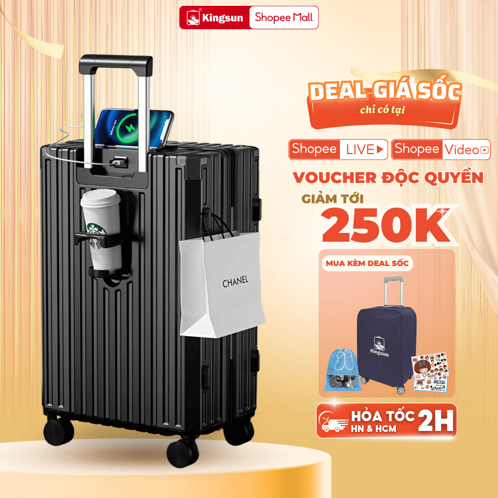 Ảnh Vali kéo Siêu To Có Cốc Đựng Nước, Sạc Điện Thoại Size 28 302/309, Vali kéo du lịch Kingsun Size 28 Cao Cấp 1