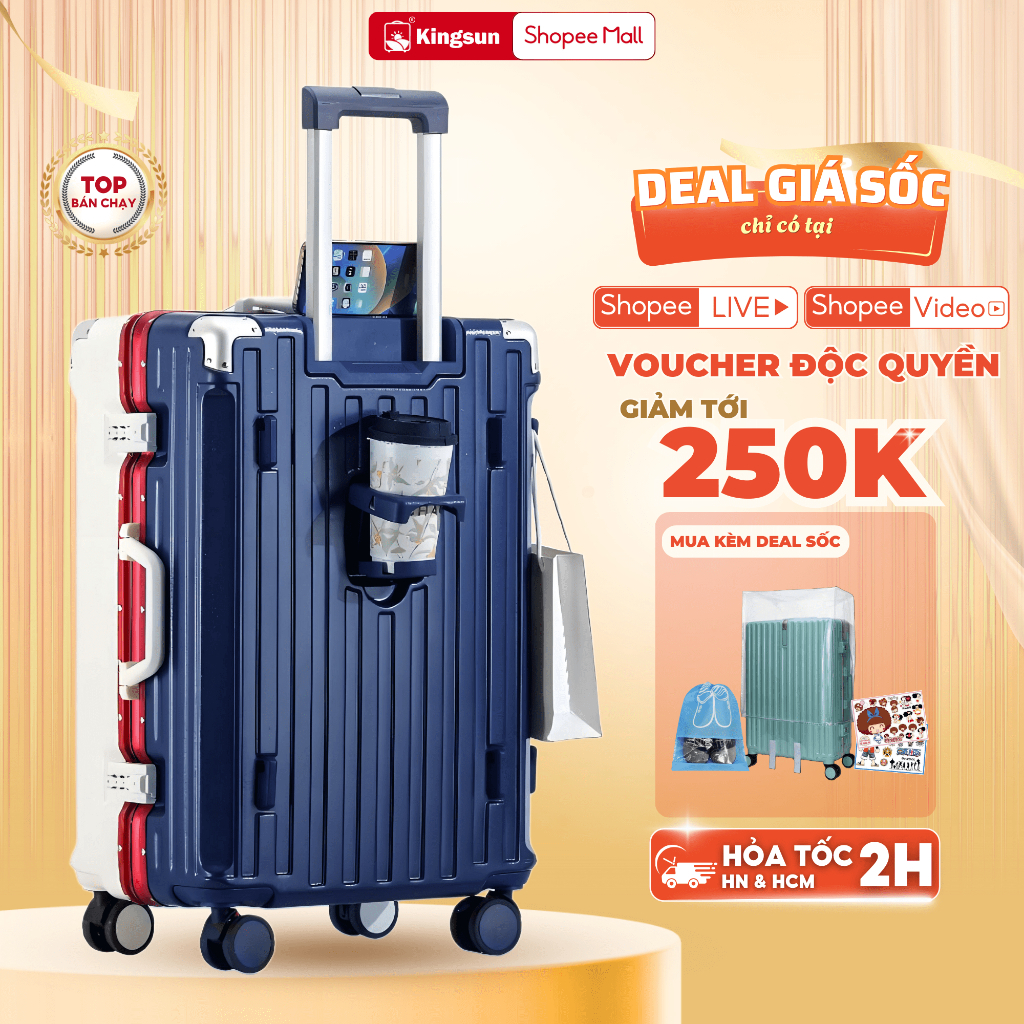 Ảnh Vali khung nhôm cao cấp Kingsun KS-607 (Khay đựng nước+Móc treo đồ+Bánh xe giảm xóc), Bảo hành 5 năm 1