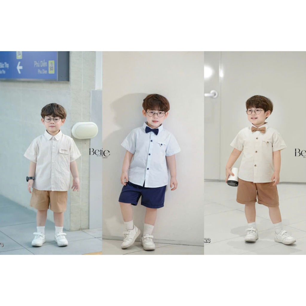 Bộ sơ mi công tử bé trai, bộ sơ mi cộc tay trơn màu basic cho bé Bernie