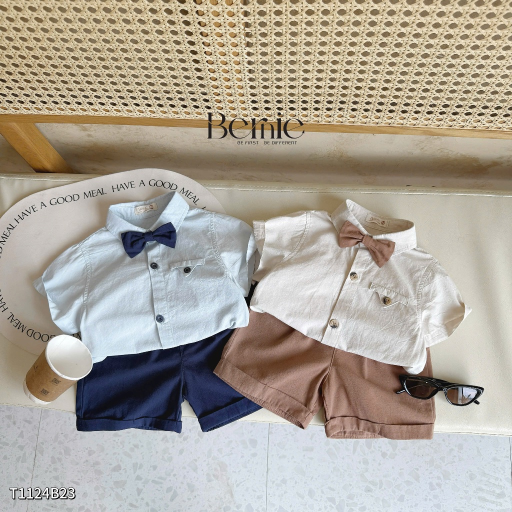 Bộ sơ mi công tử bé trai, bộ sơ mi cộc tay trơn màu basic cho bé Bernie