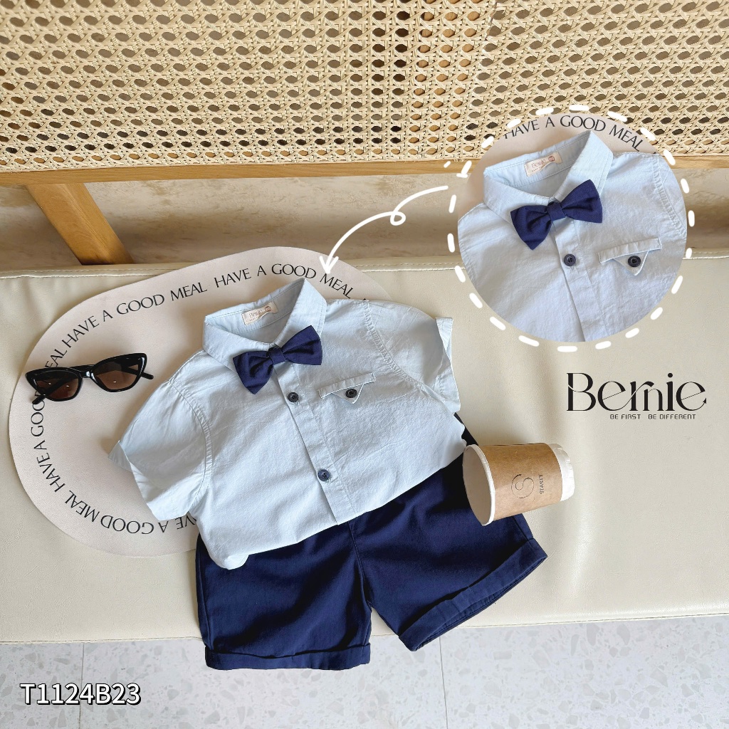 Bộ sơ mi công tử bé trai, bộ sơ mi cộc tay trơn màu basic cho bé Bernie