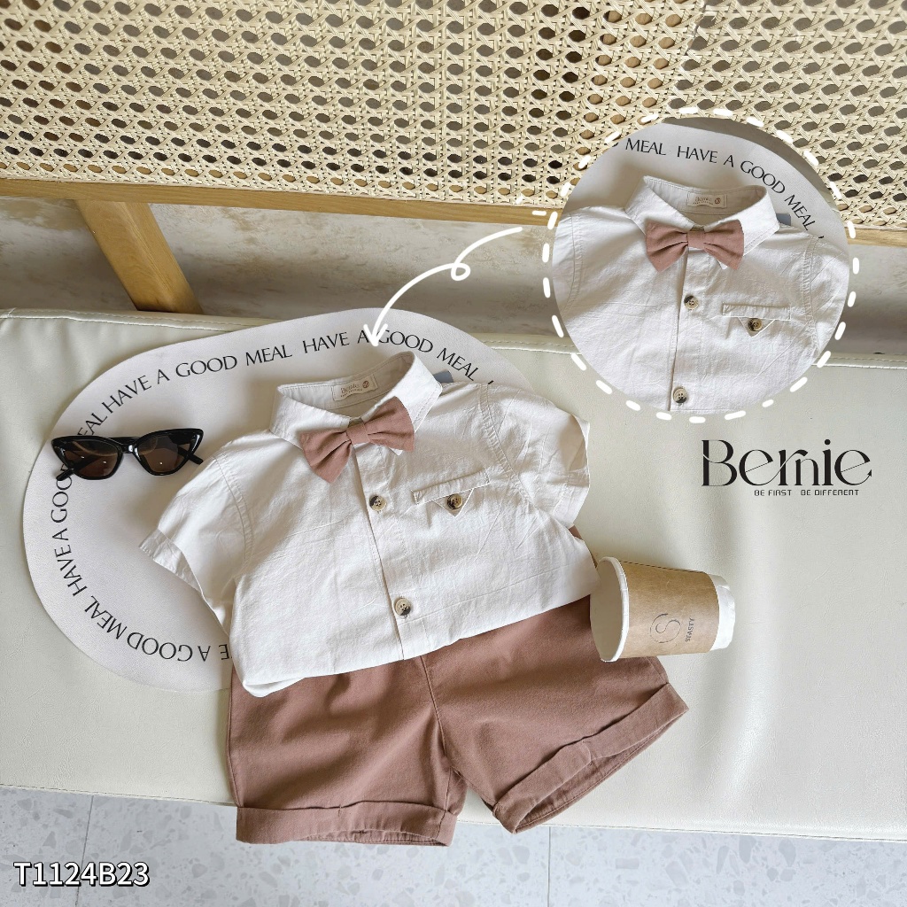 Bộ sơ mi công tử bé trai, bộ sơ mi cộc tay trơn màu basic cho bé Bernie