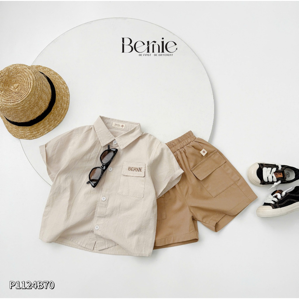 Bộ sơ mi công tử bé trai, bộ sơ mi cộc tay trơn màu basic cho bé Bernie