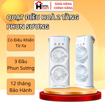 Quạt Điều Hoà Phun Sương 2 Tầng Tích Điện, Quạt Hơi Nước 3 Đầu Phun Sương Tạo Độ Ẩm Có Kèm Remote Điều Khiển
